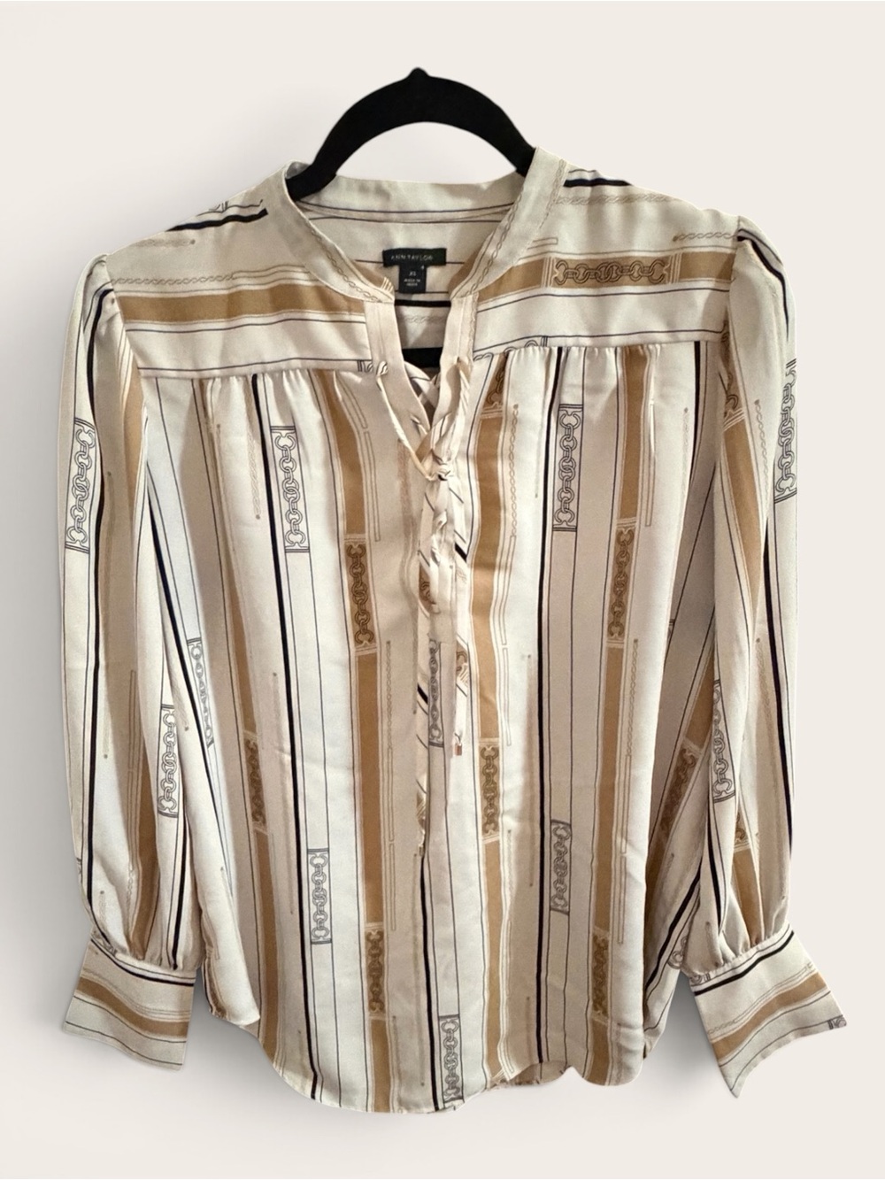 Ann Taylor Cream and Beige Striped Tie-Neck Blouse
